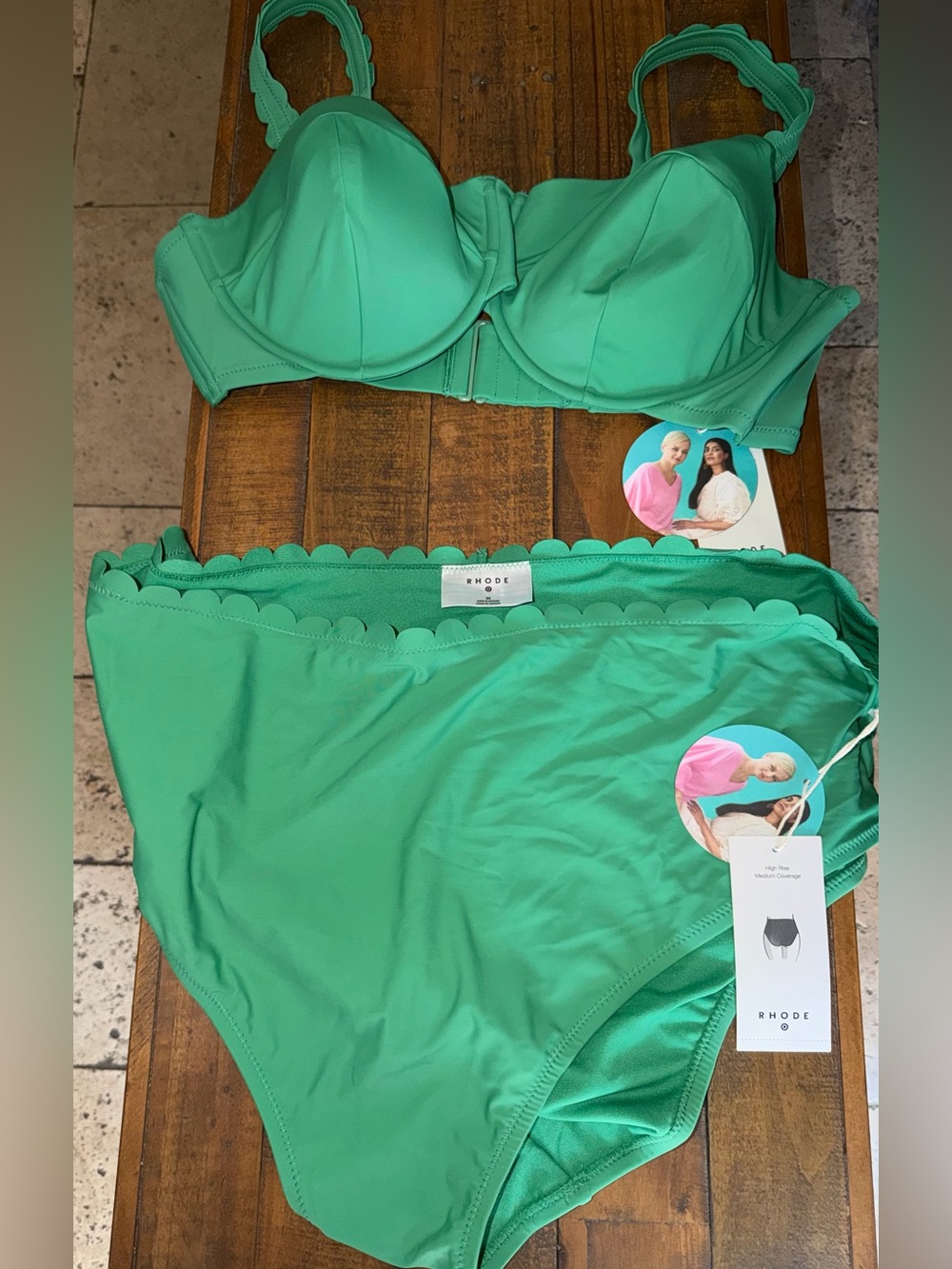 RHODE Mint Green Scalloped High-Waist Bikini Set